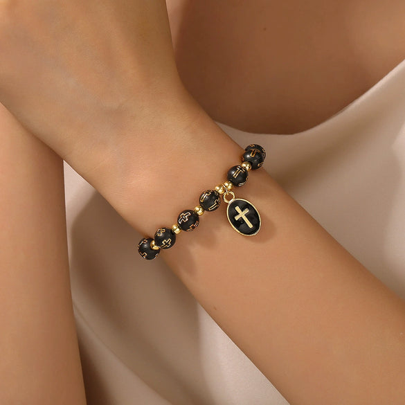 Oval Cross Pendant Bracelet Acrylic Alloy Handmade Geometric Style Unisex