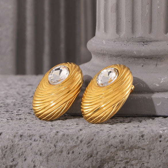 Oval Glass Stone 316L Stainless Steel Earrings With Geometric Pattern And Pvd Gold Plated For Women