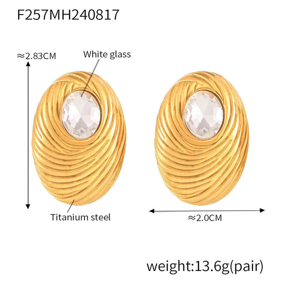 Oval Glass Stone 316L Stainless Steel Earrings With Geometric Pattern And Pvd Gold Plated For Women