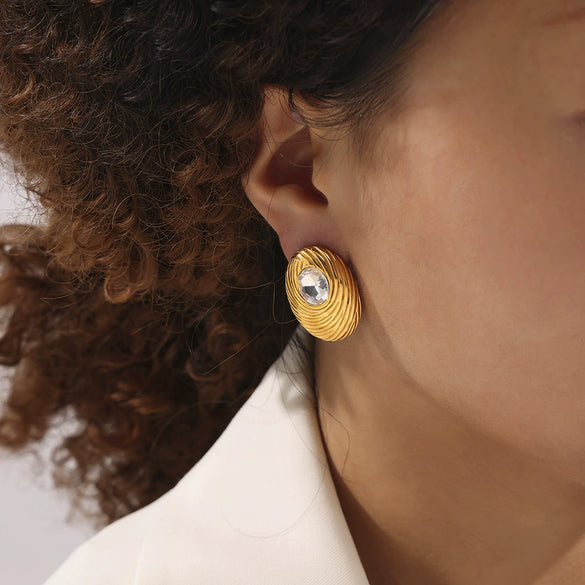 Oval Glass Stone 316L Stainless Steel Earrings With Geometric Pattern And Pvd Gold Plated For Women