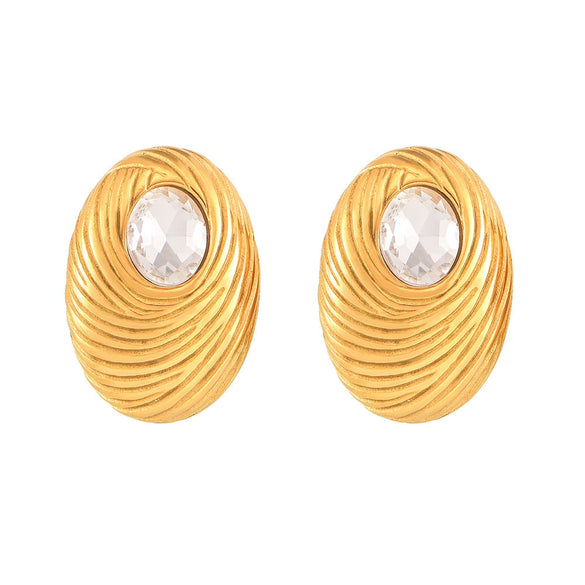 Oval Glass Stone 316L Stainless Steel Earrings With Geometric Pattern And Pvd Gold Plated For Women
