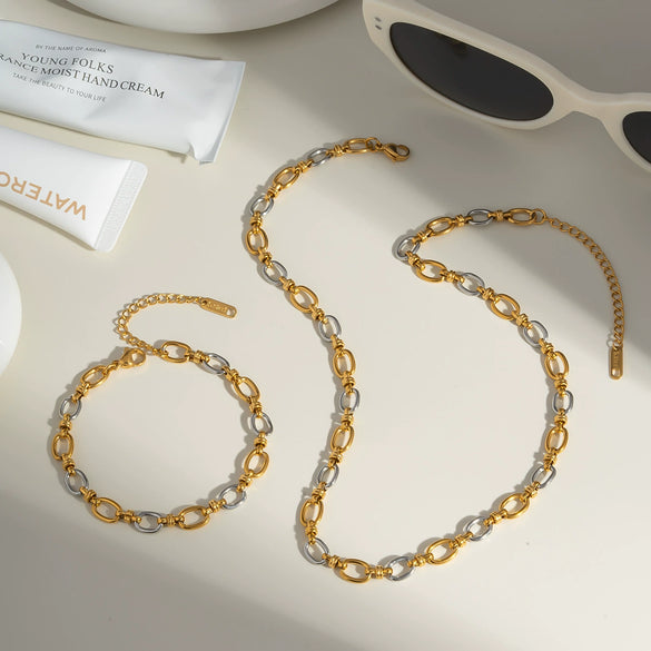 Oval Gold And Silver Color Matching Necklace Bracelet Suit Street Fashion Hip Hop O Word Chain Classic Stainless Steel Jewelry With Pvd Furnace Vacuum Real Gold Plating
