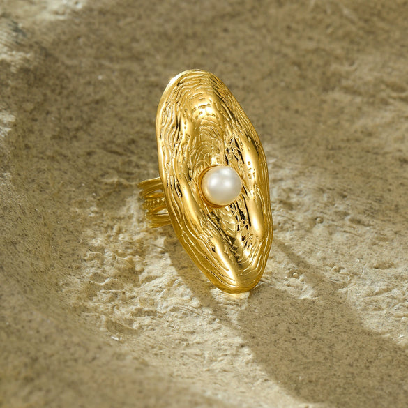 Oval Stainless Steel Ring With Pearl Texture Electroplated With 18K Gold For Women