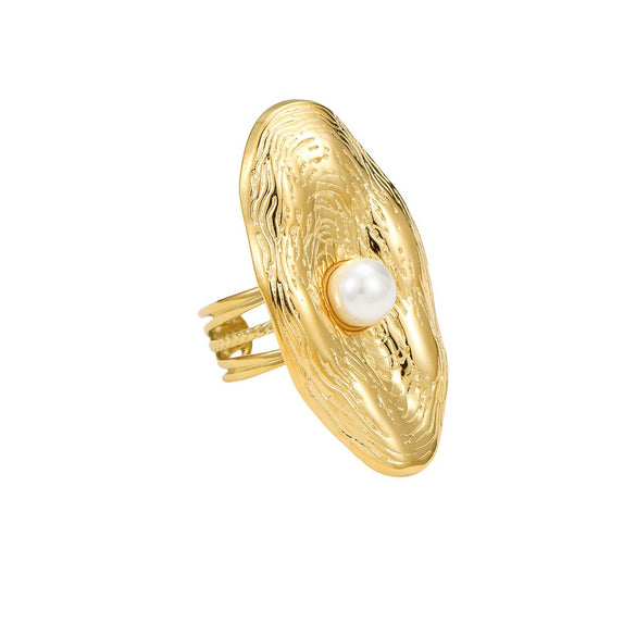 Oval Stainless Steel Ring With Pearl Texture Electroplated With 18K Gold For Women