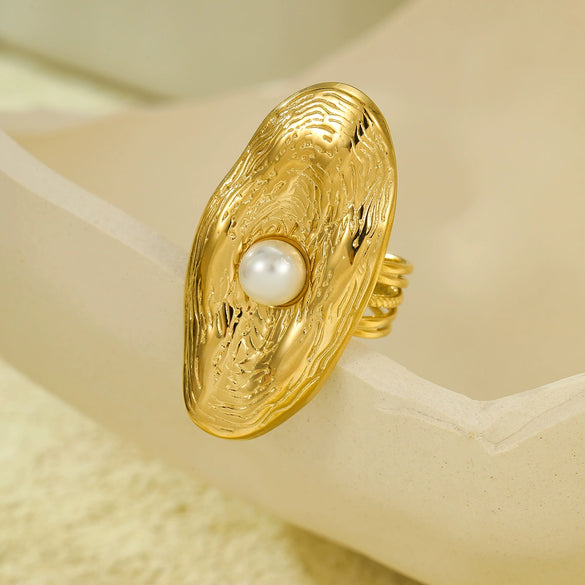 Oval Stainless Steel Ring With Pearl Texture Electroplated With 18K Gold For Women