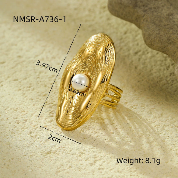 Oval Stainless Steel Ring With Pearl Texture Electroplated With 18K Gold For Women