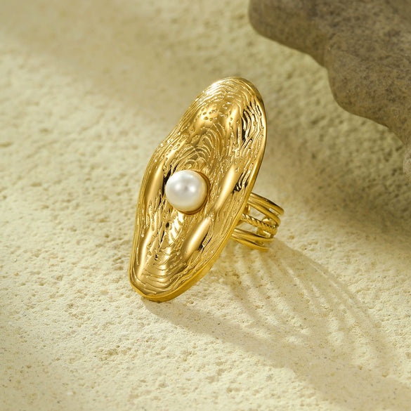 Oval Stainless Steel Ring With Pearl Texture Electroplated With 18K Gold For Women
