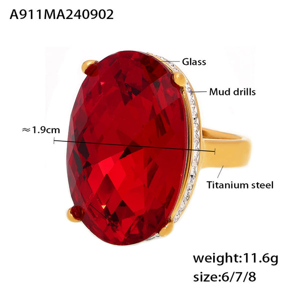 Oval Sticky Drill Glass 316L Stainless Steel 18K Gold Plated Retro Light Luxury Geometric Women's Ring