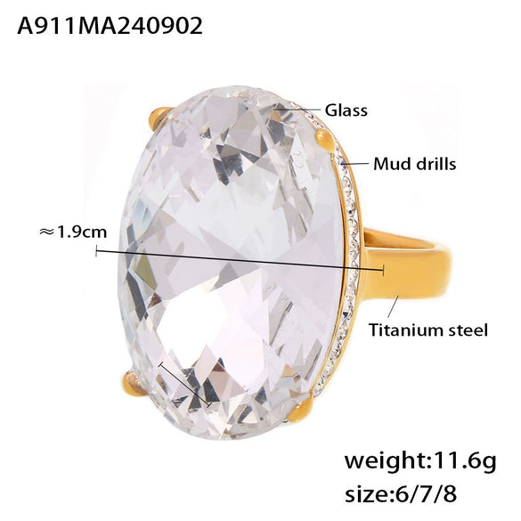 Oval Sticky Drill Glass 316L Stainless Steel 18K Gold Plated Retro Light Luxury Geometric Women's Ring
