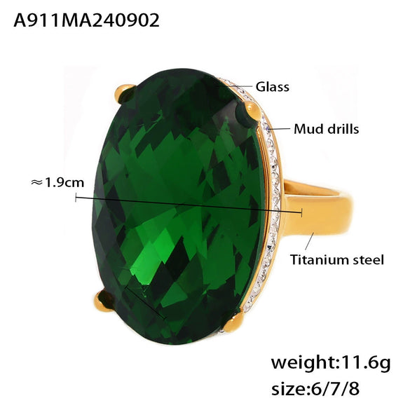 Oval Sticky Drill Glass 316L Stainless Steel 18K Gold Plated Retro Light Luxury Geometric Women's Ring