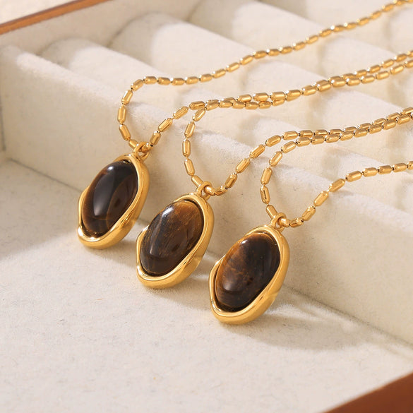 Oval Tiger Eye Pendant Blade Rice Beads Clavicle Chain For Women Double Stacked Wear Hip Hop Style Titanium Steel Gold Plated Geometric Design