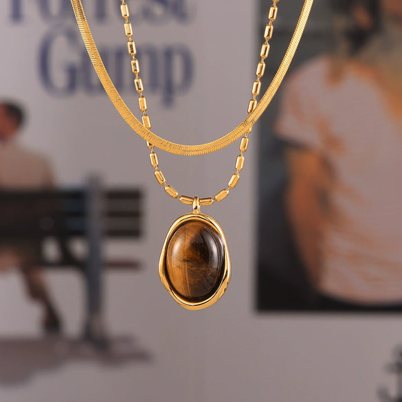 Oval Tiger Eye Pendant Blade Rice Beads Clavicle Chain For Women Double Stacked Wear Hip Hop Style Titanium Steel Gold Plated Geometric Design