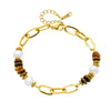 Oval Tiger Eye Woven Beaded Love Gem Pendant Stitching Bracelet In Maillard Style With Stainless Steel And Geometric Design Electroplated