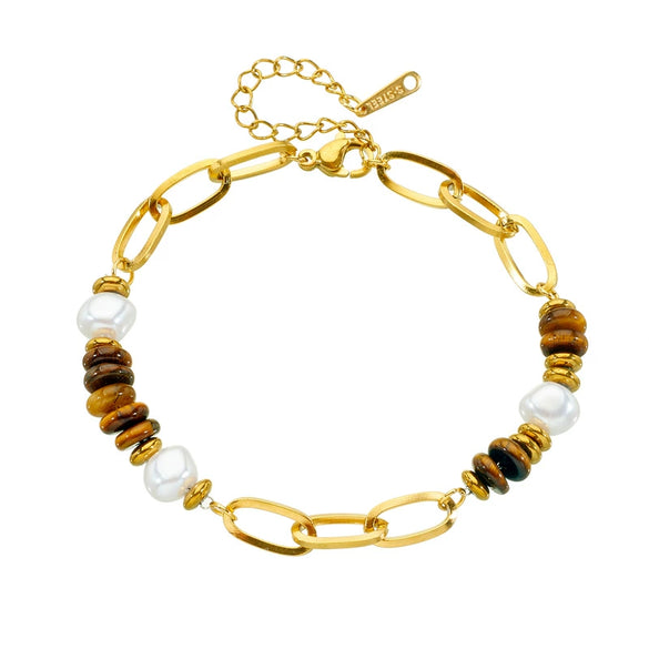 Oval Tiger Eye Woven Beaded Love Gem Pendant Stitching Bracelet In Maillard Style With Stainless Steel And Geometric Design Electroplated