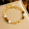 Oval Tiger Eye Woven Beaded Love Gem Pendant Stitching Bracelet In Maillard Style With Stainless Steel And Geometric Design Electroplated