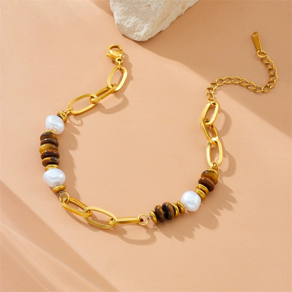 Oval Tiger Eye Woven Beaded Love Gem Pendant Stitching Bracelet In Maillard Style With Stainless Steel And Geometric Design Electroplated