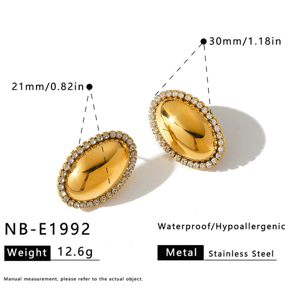 Oval Zircon Studded Stainless Steel Earrings For Women With Vacuum Electroplated Finish Simple Elegant Geometric Style