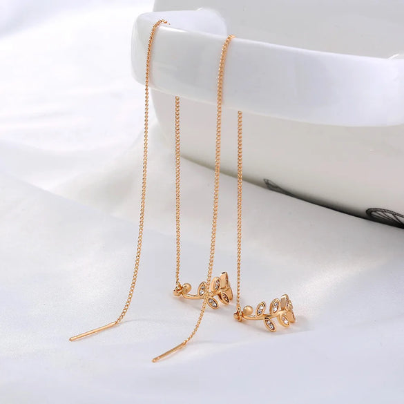 Pair Of New Fashion Copper Micro-Inlaid Zircon Branch Pendant Tassel Pierced Earrings