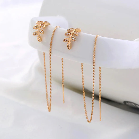 Pair Of New Fashion Copper Micro-Inlaid Zircon Branch Pendant Tassel Pierced Earrings