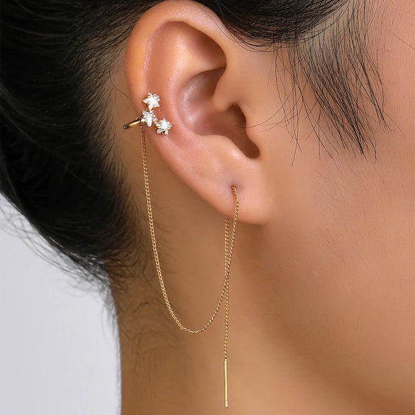 Pair Of New Fashion Copper Micro-Inlaid Zircon Branch Pendant Tassel Pierced Earrings