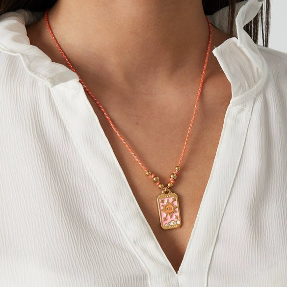 Palm Devil's Eye Dripping Oil Color Tarot Card Necklace Retro Style Copper Pendant Geometric Pattern Electroplated