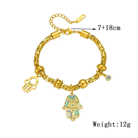 Palm Pendant Cylindrical Chain Bracelet Stainless Steel Goldplated Oil Dripping Pattern Women's