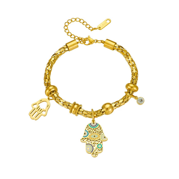 Palm Pendant Cylindrical Chain Bracelet Stainless Steel Goldplated Oil Dripping Pattern Women's