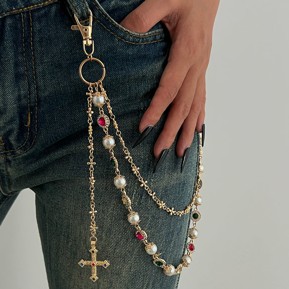 Pants Chain Hip Hop Style Imitation Pearl Floret Metal Chain With Cross Pendant And Lobster Clasp