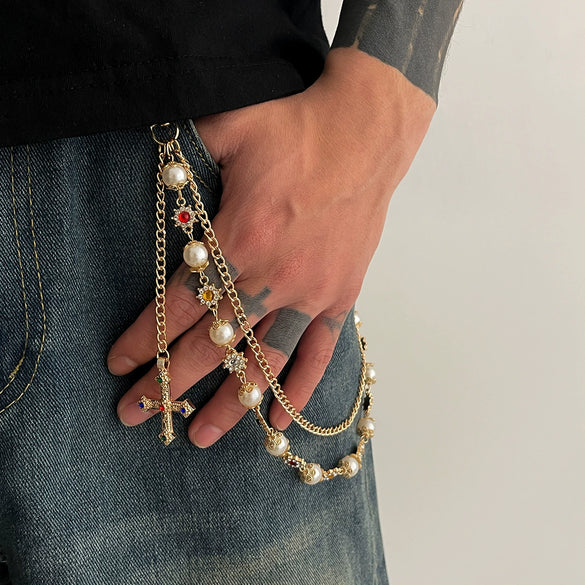 Pants Chain Hip Hop Style Imitation Pearl Floret Metal Chain With Cross Pendant And Lobster Clasp