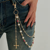Pants Chain Hip Hop Style Imitation Pearl Floret Metal Chain With Cross Pendant And Lobster Clasp