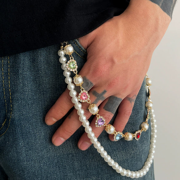 Pants Chain Hip Hop Style Imitation Pearl Floret Metal Chain With Cross Pendant And Lobster Clasp