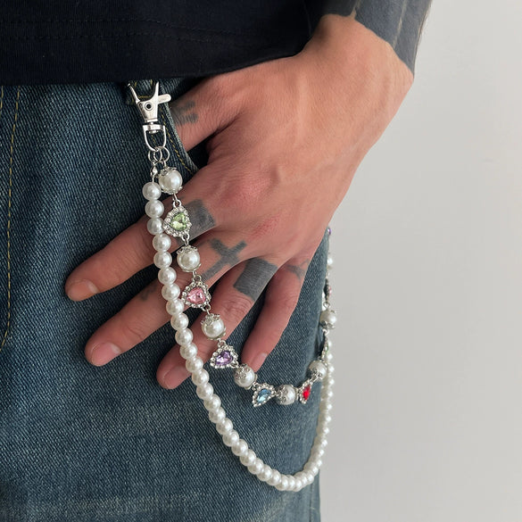 Pants Chain Hip Hop Style Imitation Pearl Floret Metal Chain With Cross Pendant And Lobster Clasp