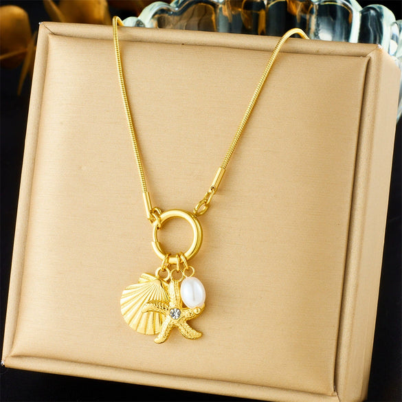 Pearl Accessories Starfish Scallop Pendant Stainless Steel Gold Plated Necklace With Snake Bone Chain Fashion Animal Style