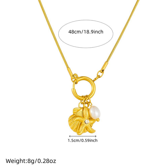 Pearl Accessories Starfish Scallop Pendant Stainless Steel Gold Plated Necklace With Snake Bone Chain Fashion Animal Style