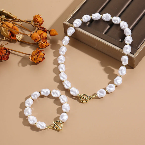 Pearl Alloy Jewelry With Starfish Shell And Marine Organisms Pattern Necklace Bracelet Set For Women Electroplated