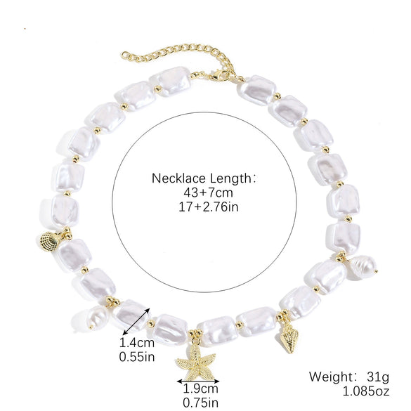 Pearl Alloy Jewelry With Starfish Shell And Marine Organisms Pattern Necklace Bracelet Set For Women Electroplated
