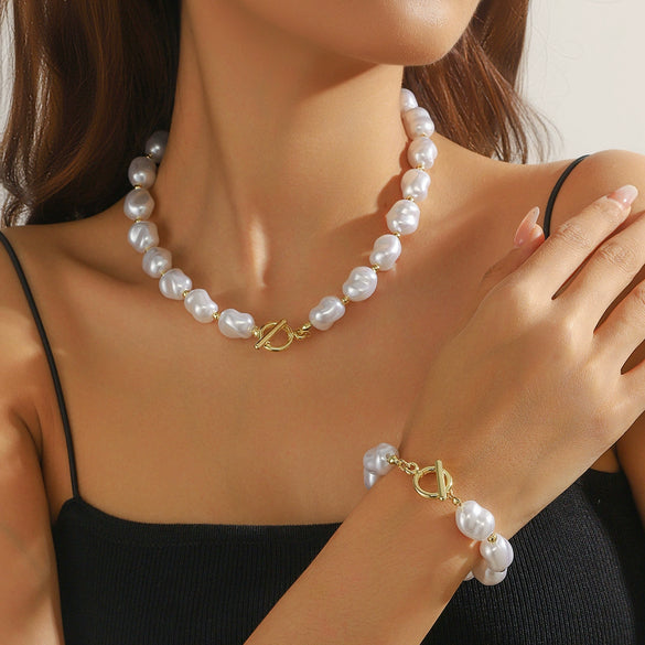 Pearl Alloy Jewelry With Starfish Shell And Marine Organisms Pattern Necklace Bracelet Set For Women Electroplated