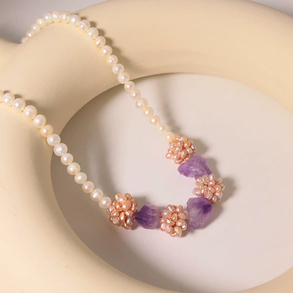 Pearl Amethyst Flower Ball Necklace Natural Freshwater Pearl 18K Gold