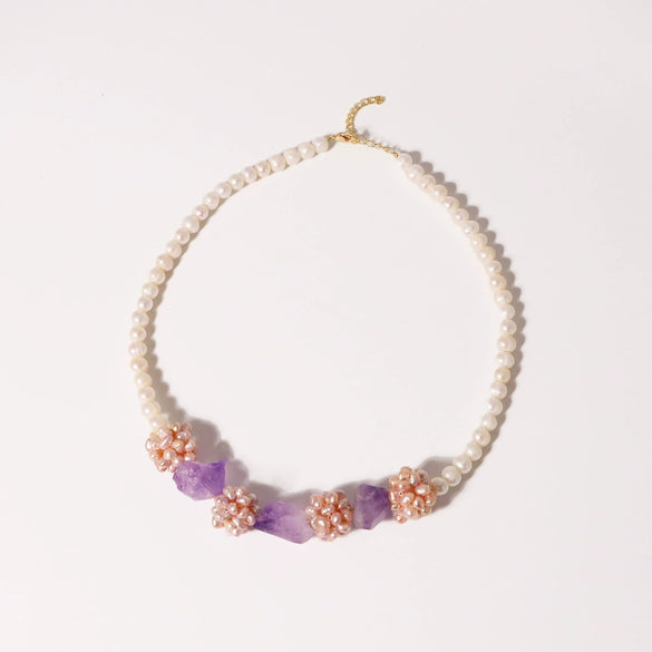 Pearl Amethyst Flower Ball Necklace Natural Freshwater Pearl 18K Gold