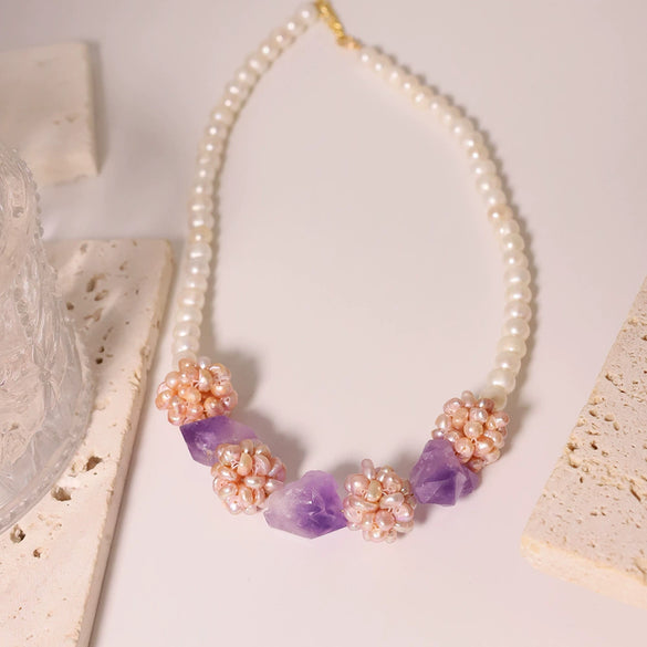 Pearl Amethyst Flower Ball Necklace Natural Freshwater Pearl 18K Gold