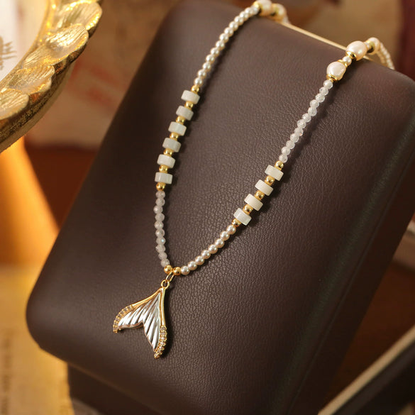 Pearl And Alloy Necklace Geometric Style Electroplated Copper Asymmetrical Fishtail Design For Women