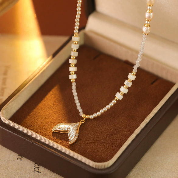 Pearl And Alloy Necklace Geometric Style Electroplated Copper Asymmetrical Fishtail Design For Women