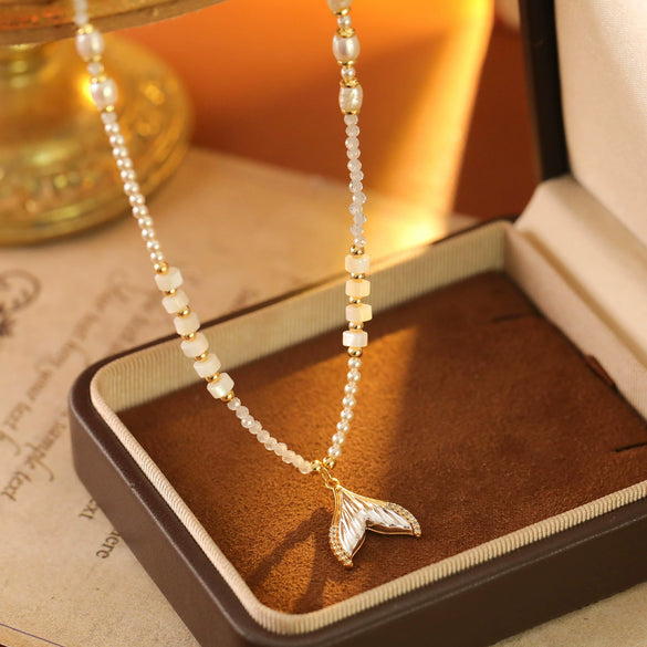 Pearl And Alloy Necklace Geometric Style Electroplated Copper Asymmetrical Fishtail Design For Women