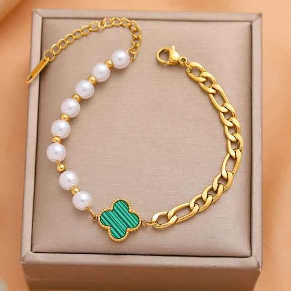 Pearl And Artificial Crystal Fourleaf Clover Bracelet Titanium Steel Vacuum Electroplated For Women And Unisex