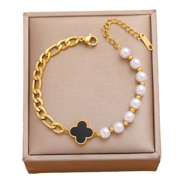 Pearl And Artificial Crystal Fourleaf Clover Bracelet Titanium Steel Vacuum Electroplated For Women And Unisex