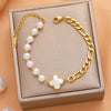 Pearl And Artificial Crystal Fourleaf Clover Bracelet Titanium Steel Vacuum Electroplated For Women And Unisex