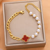 Pearl And Artificial Crystal Fourleaf Clover Bracelet Titanium Steel Vacuum Electroplated For Women And Unisex