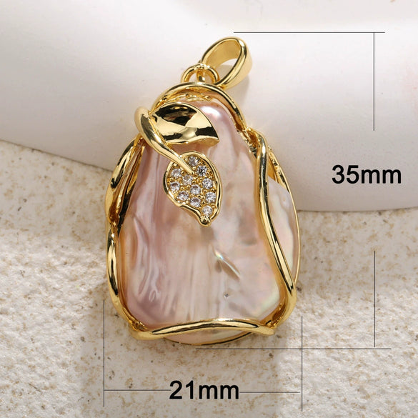 Pearl And Copper Pendant Necklace With Real Gold Leaf Electroplated Irregular And Water Drop Shape Diy Jewelry