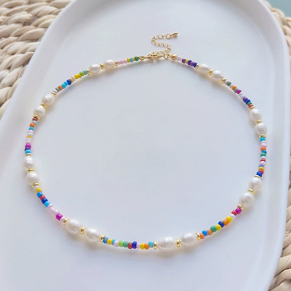 Pearl And Organic Glass Handwoven Geometric Ball Chain Clavicle Necklace For Girls