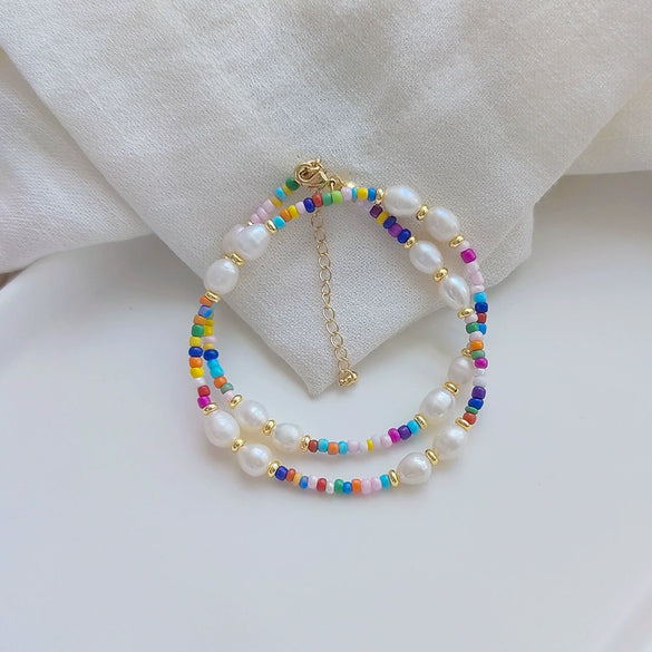 Pearl And Organic Glass Handwoven Geometric Ball Chain Clavicle Necklace For Girls